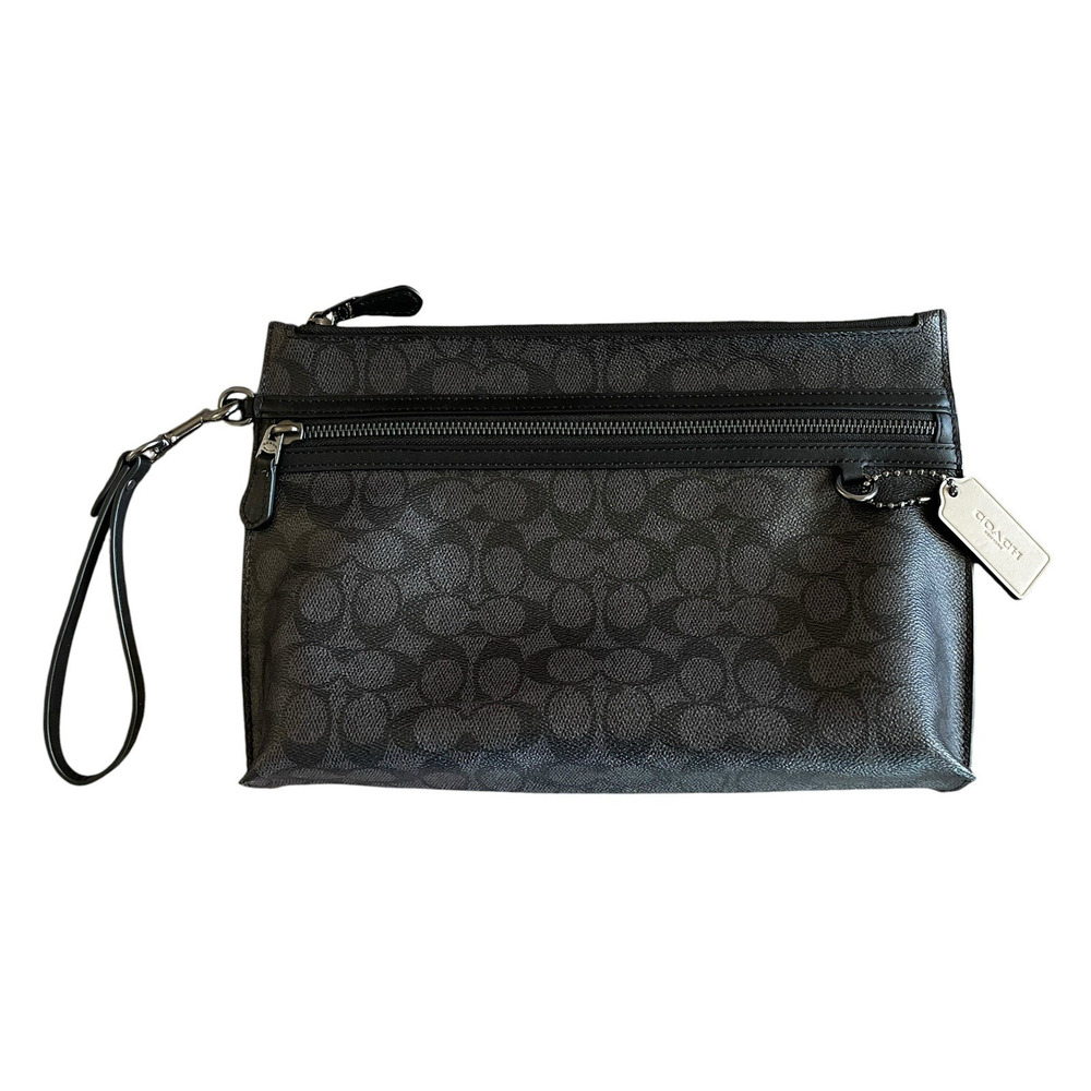 COACH CY985 Charcoal Black Carry All Zip Pouch Signature Canvas + Dust Bag NWOT